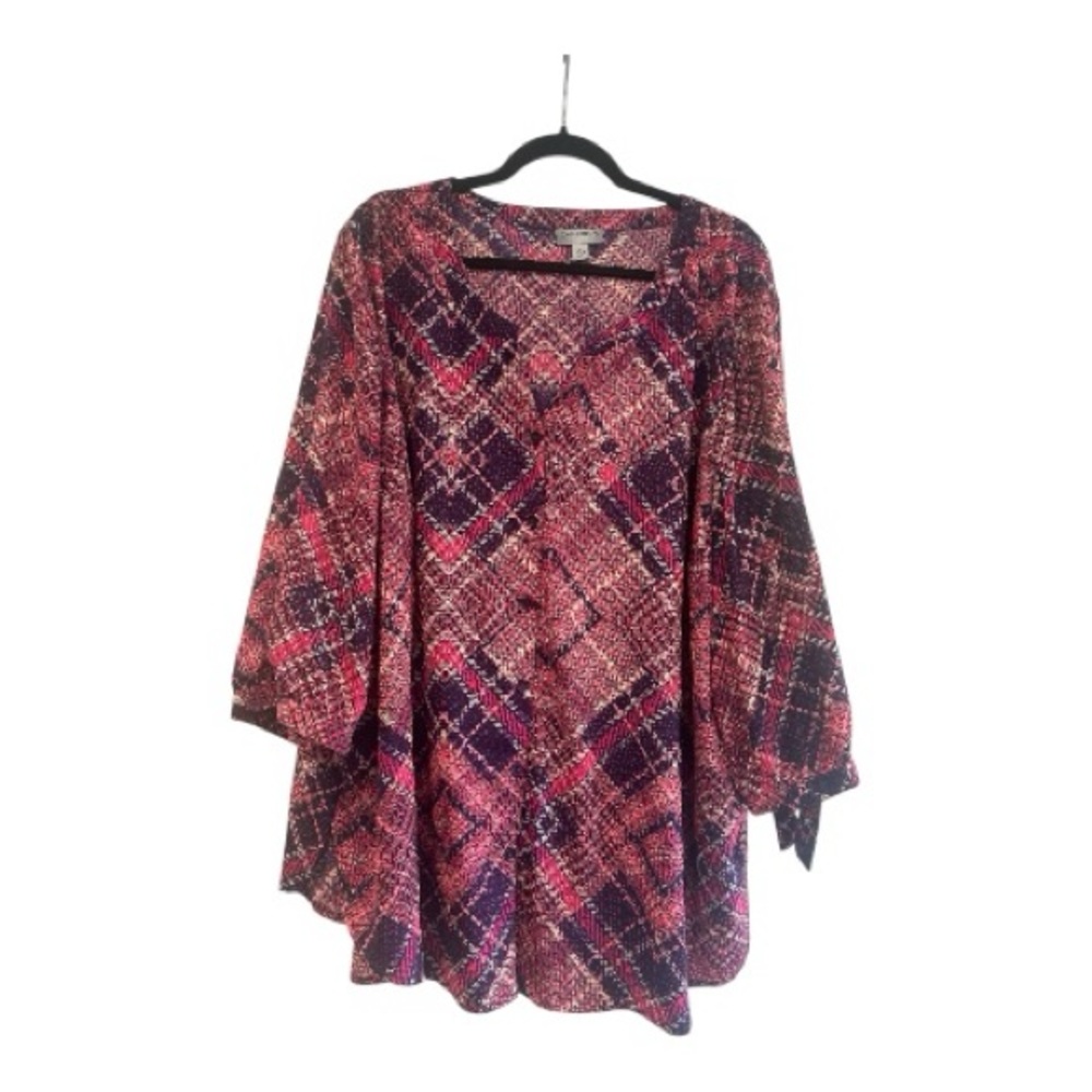 Catherines Womens Tie Sleeve Button Up Top Size 3X Plaid Career Artsy Modest